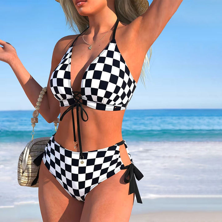 Checkerboard Print Halter Bikini Set