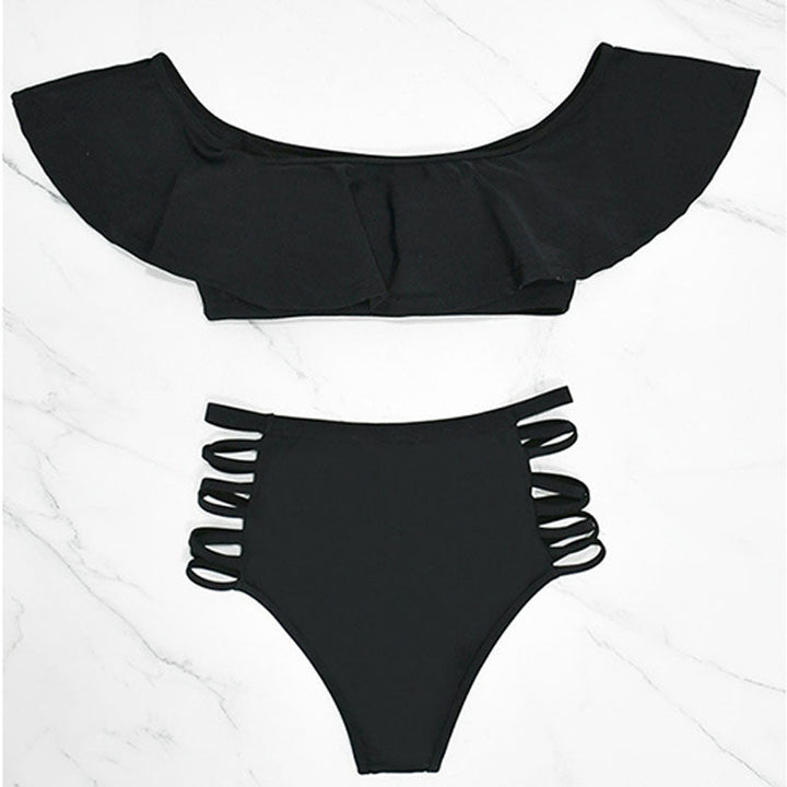 Off-shoulder ruffled cut-out high-waisted bikini set