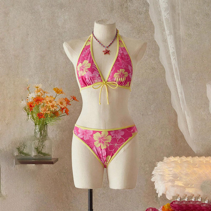 Tropical Print Halter Bikini with Swim Skirt — 3-Piece Set