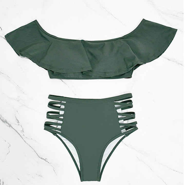 Off-shoulder ruffled cut-out high-waisted bikini set
