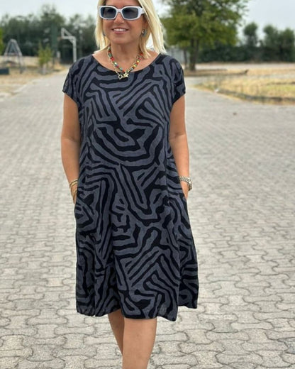 Aria™ | Abstract Print Midi Dress – Relaxed Fit with Pockets