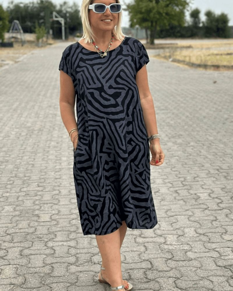Aria™ | Abstract Print Midi Dress – Relaxed Fit with Pockets