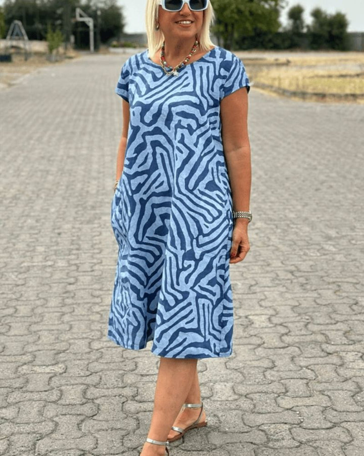 Aria™ | Abstract Print Midi Dress – Relaxed Fit with Pockets
