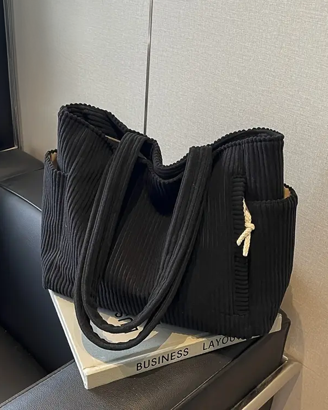 Kimmy – Ribbed Tote Bag with Drawstring Detail