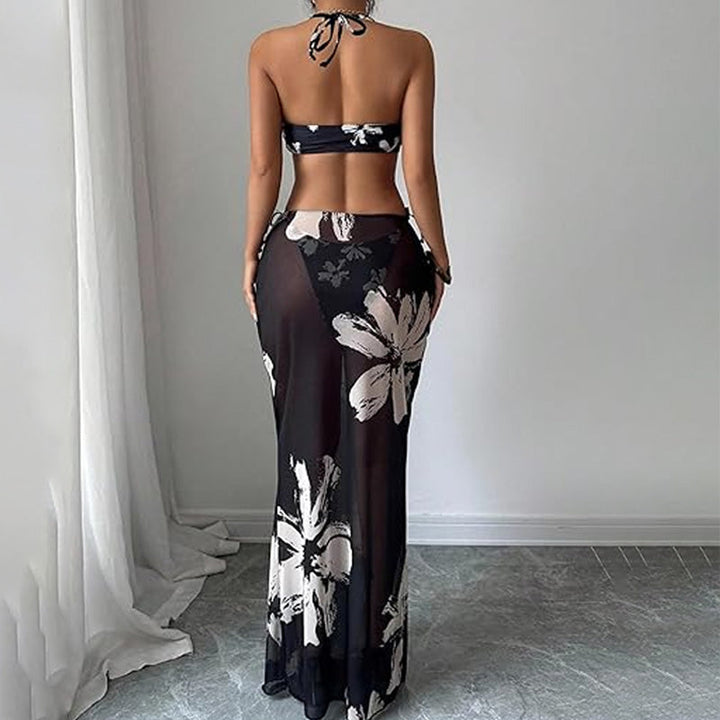 Halter-neck floral print three-piece swimsuit