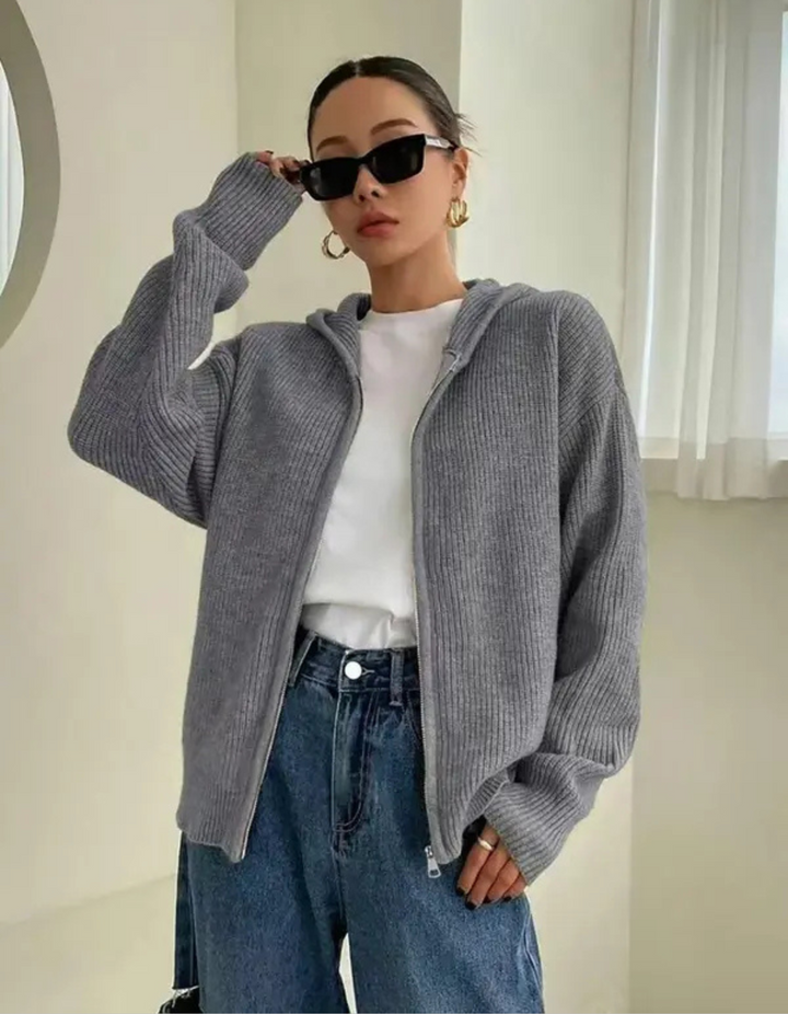 LARALI - Casual Zip-Up Hooded Long Sleeve Cardigan