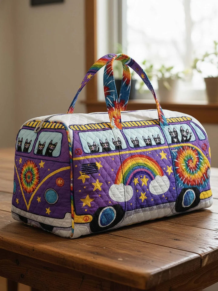 Hippie Rainbow Cat Quilted Duffle Bag