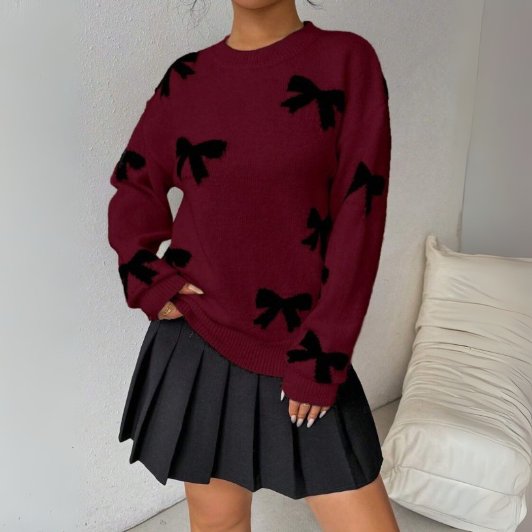 VISAY - Comfy Bow Print Pullover Sweater