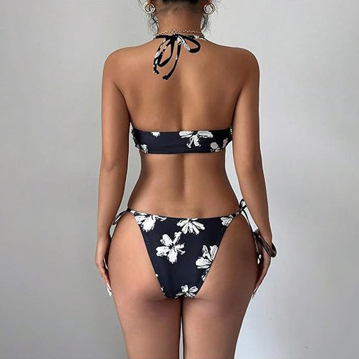 Halter-neck floral print three-piece swimsuit