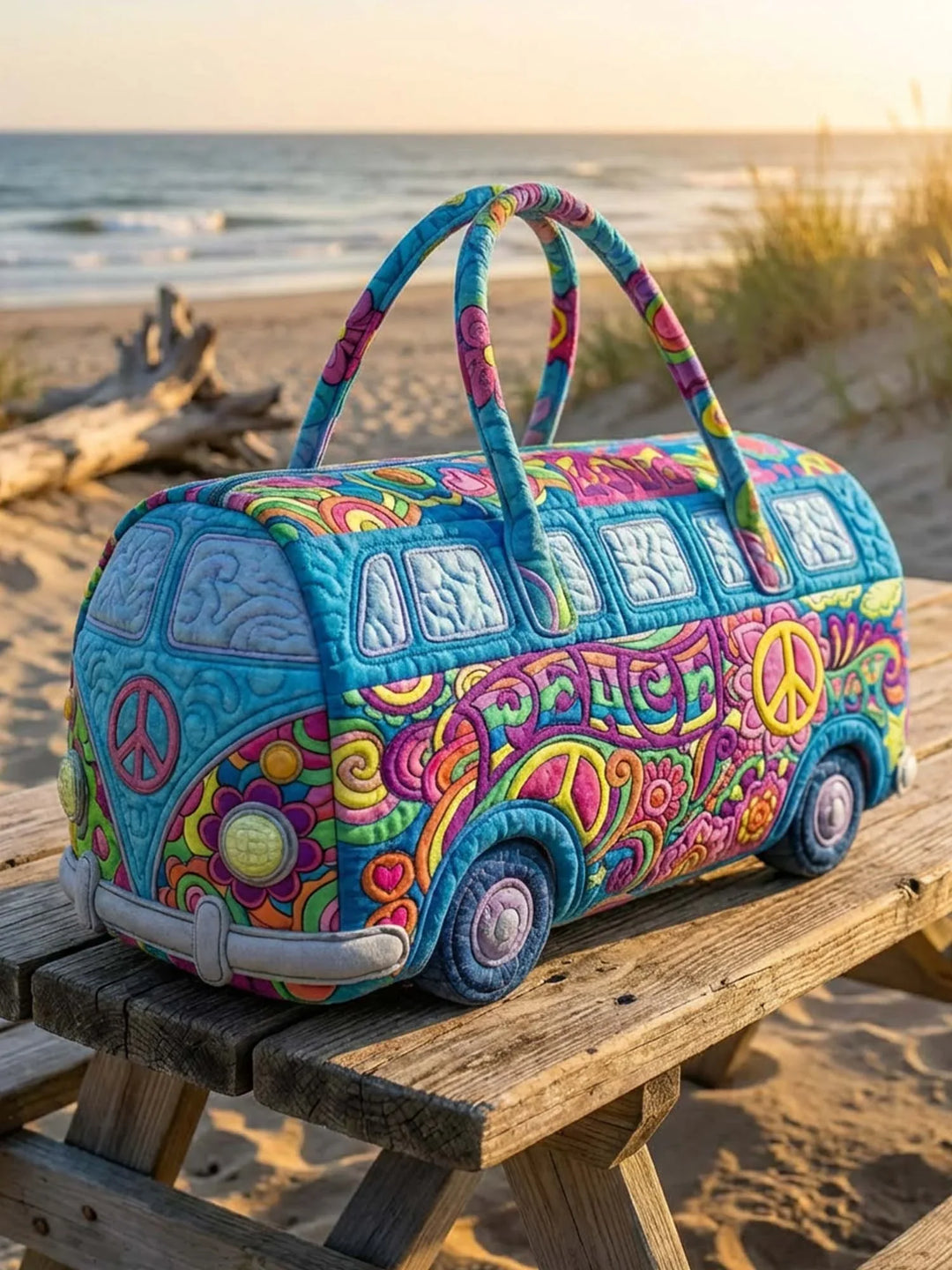 Hippie Peace Joy Quilted Duffle Bag