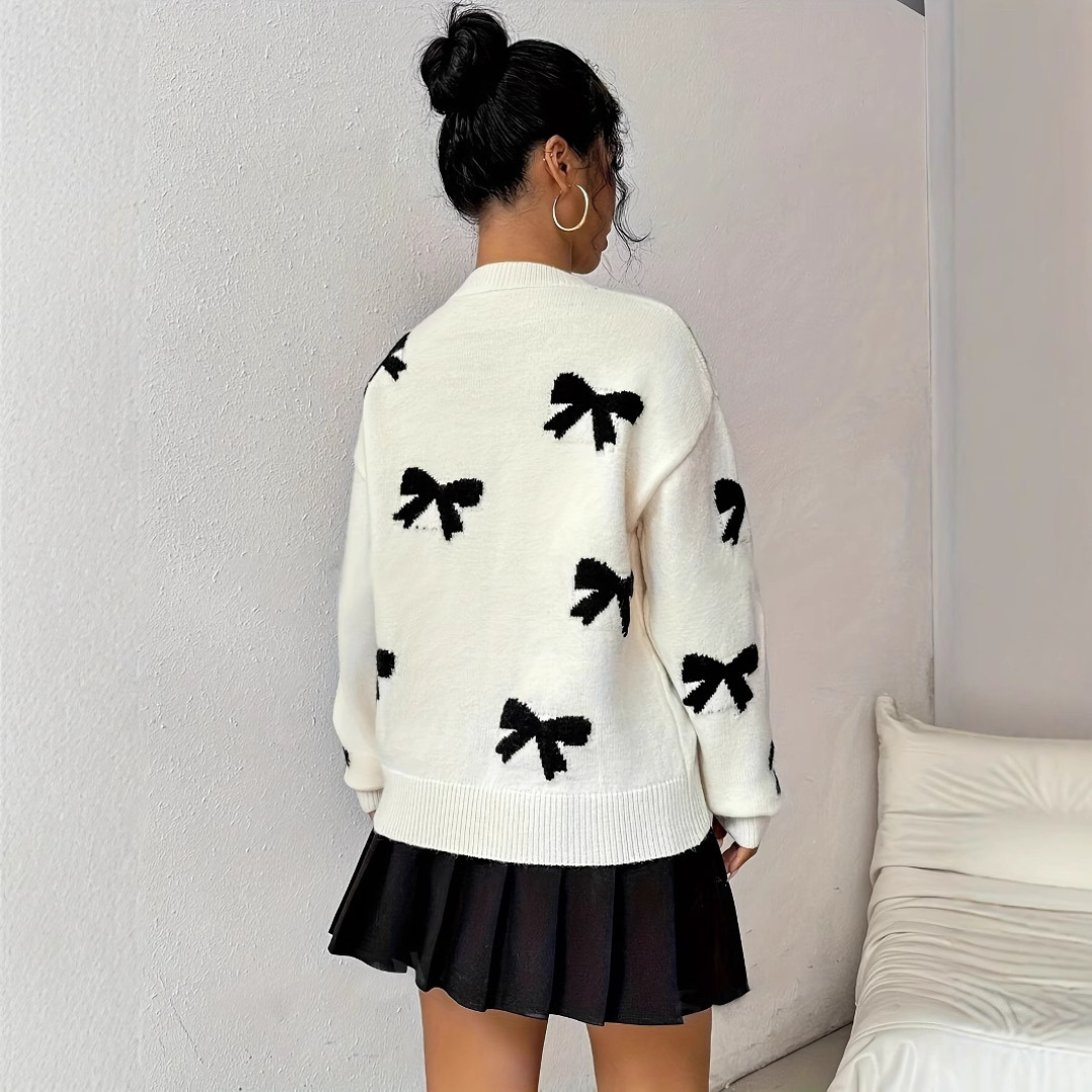 VISAY - Comfy Bow Print Pullover Sweater