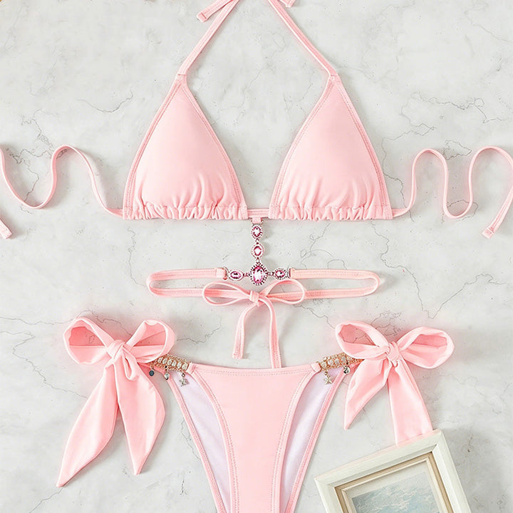 Halter-neck rhinestone strap triangle bikini set