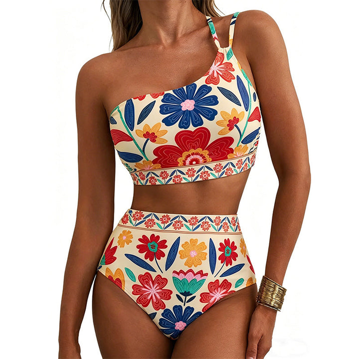 Retro floral one-shoulder high-waisted bikini set