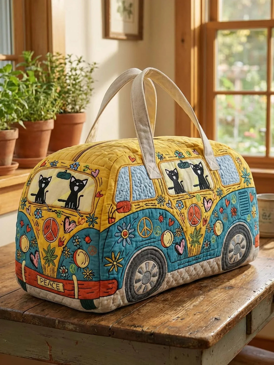 Hippie Cat Quilted Duffle Bag