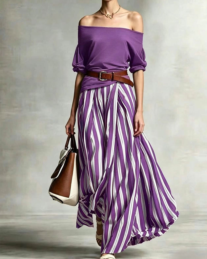 MADISON | Striped Maxi Skirt Set with Off-Shoulder Top