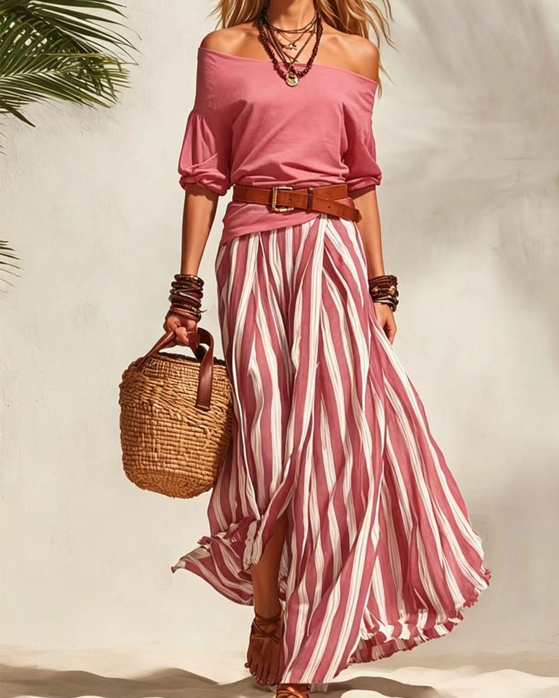 MADISON | Striped Maxi Skirt Set with Off-Shoulder Top