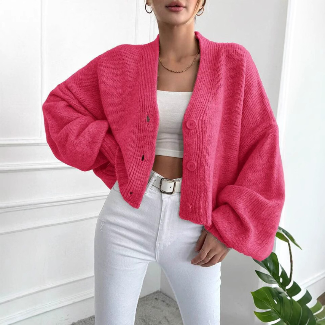 QONY - Casual Crop Lantern Sleeve Cardigan