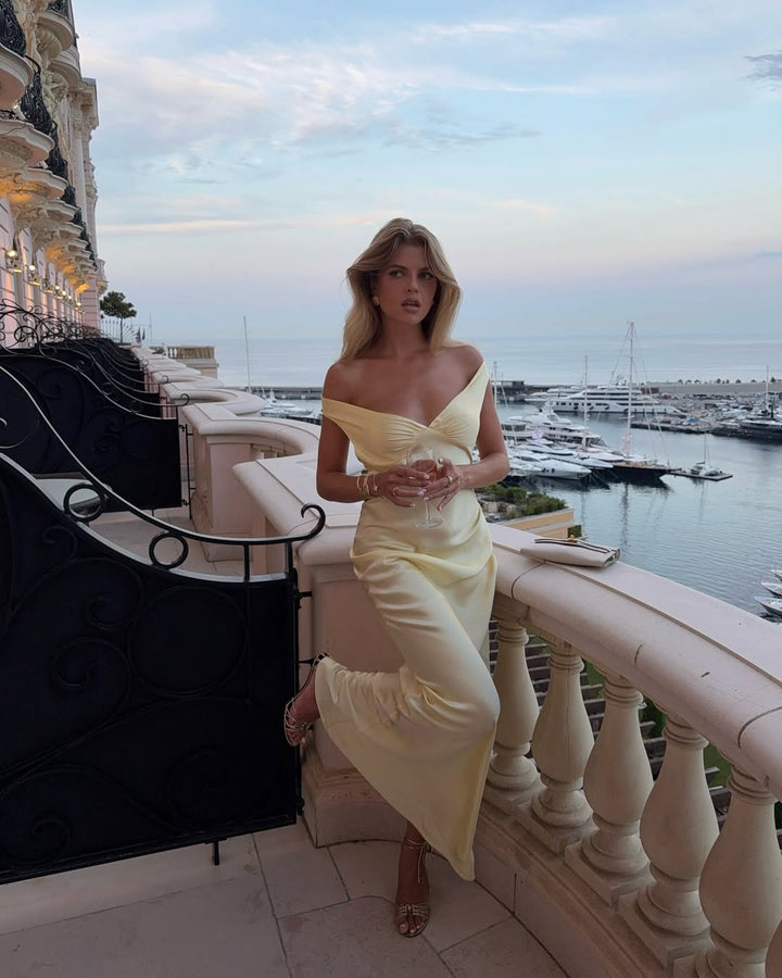 Alicia | Women's Off-Shoulder Satin Maxi Wedding Guest Dress