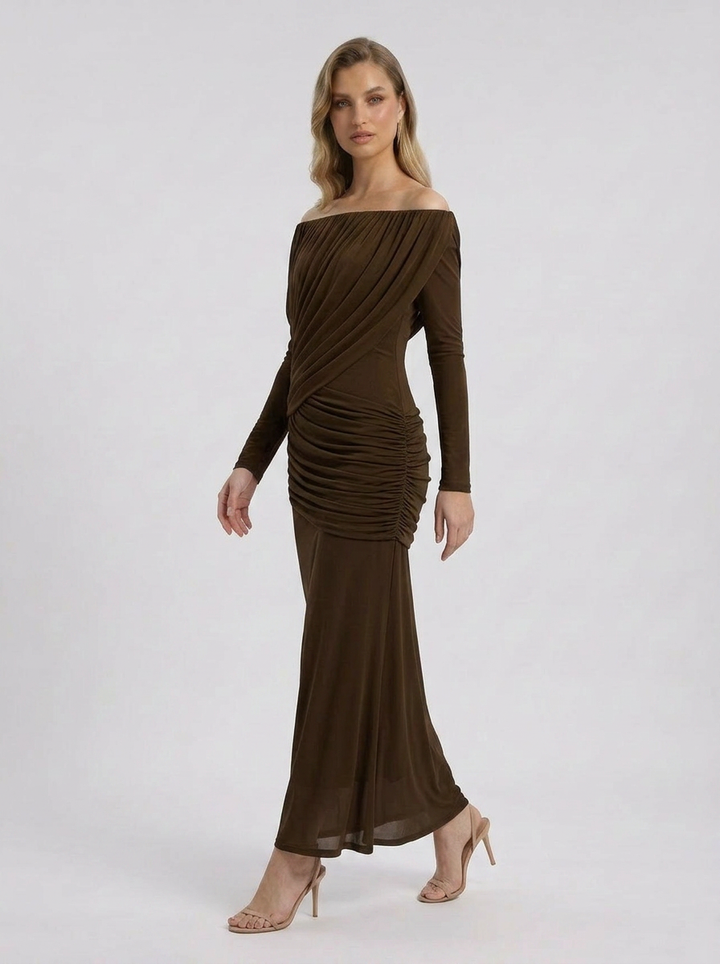 Crystal | Women's Off Shoulder Ruched Long Sleeve Maxi Wedding Guest Dress