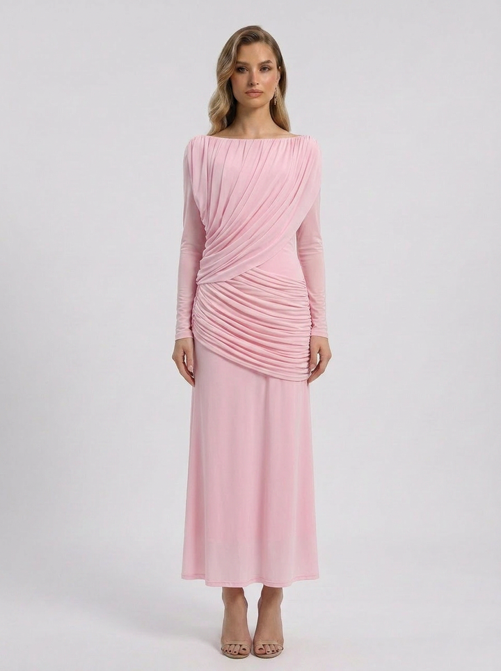 Crystal | Women's Off Shoulder Ruched Long Sleeve Maxi Wedding Guest Dress