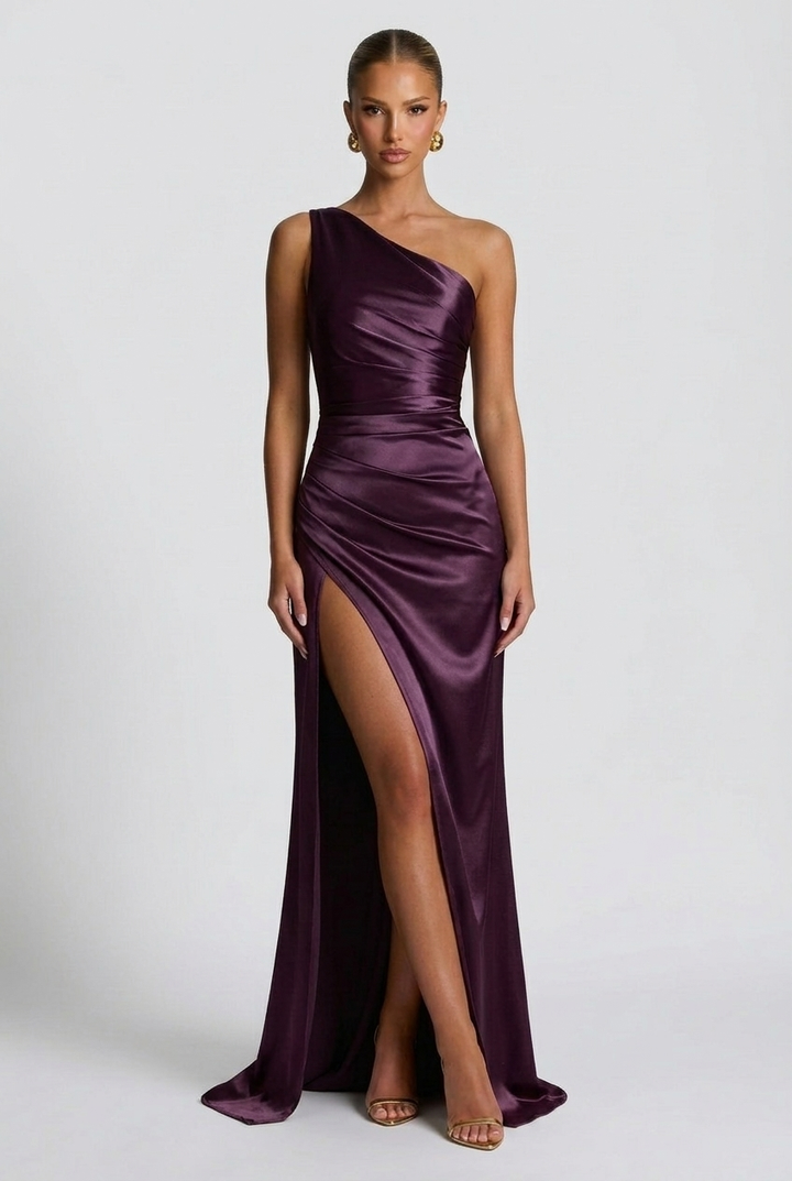 Daphne | Women's One-Shoulder Satin Maxi Prom Dress with Split