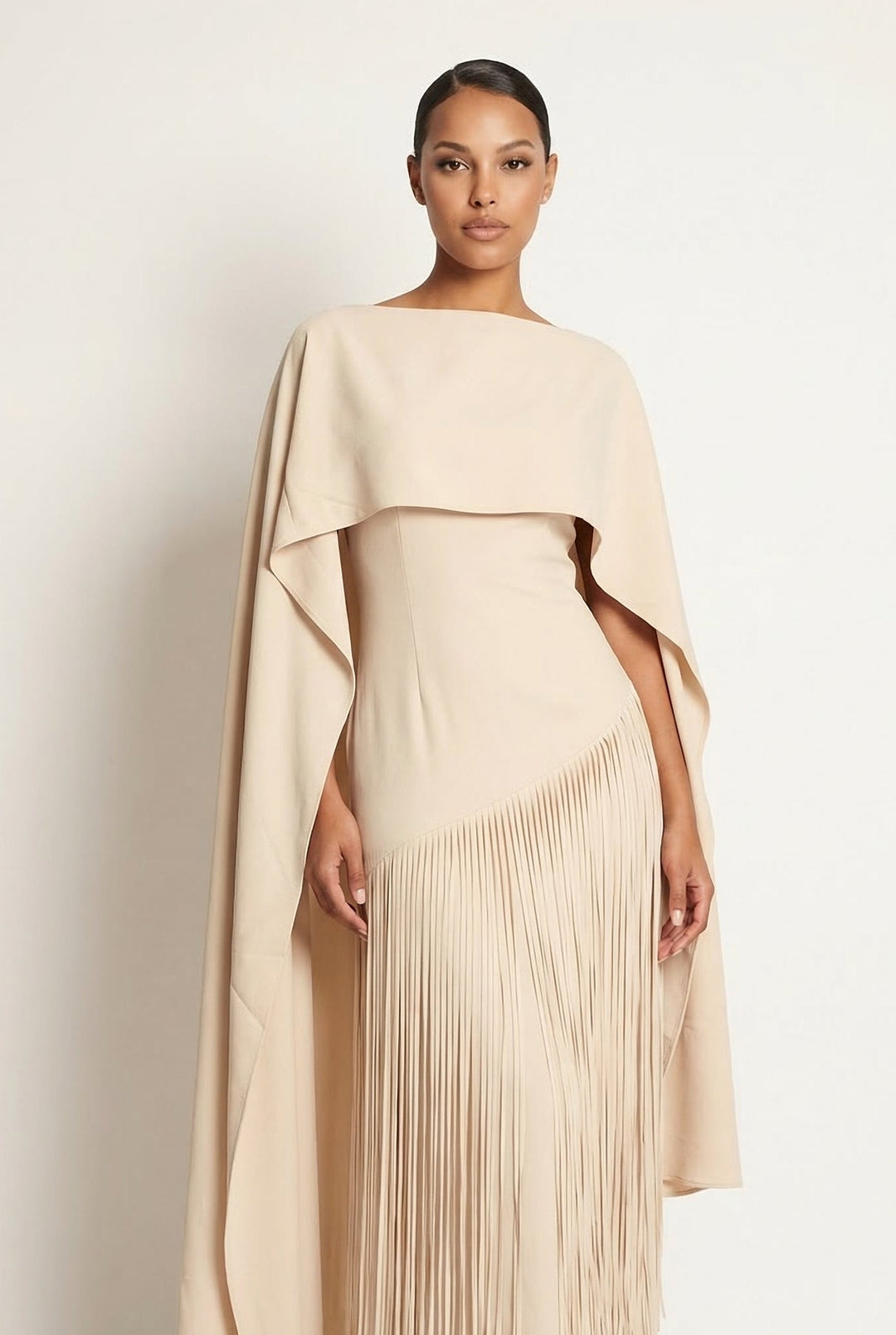 Mariah | Women’s Cape Sleeve Fringe Maxi Evening Wedding Guest Dress