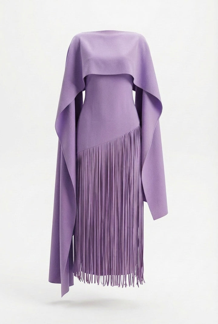 Mariah | Women’s Cape Sleeve Fringe Maxi Evening Wedding Guest Dress