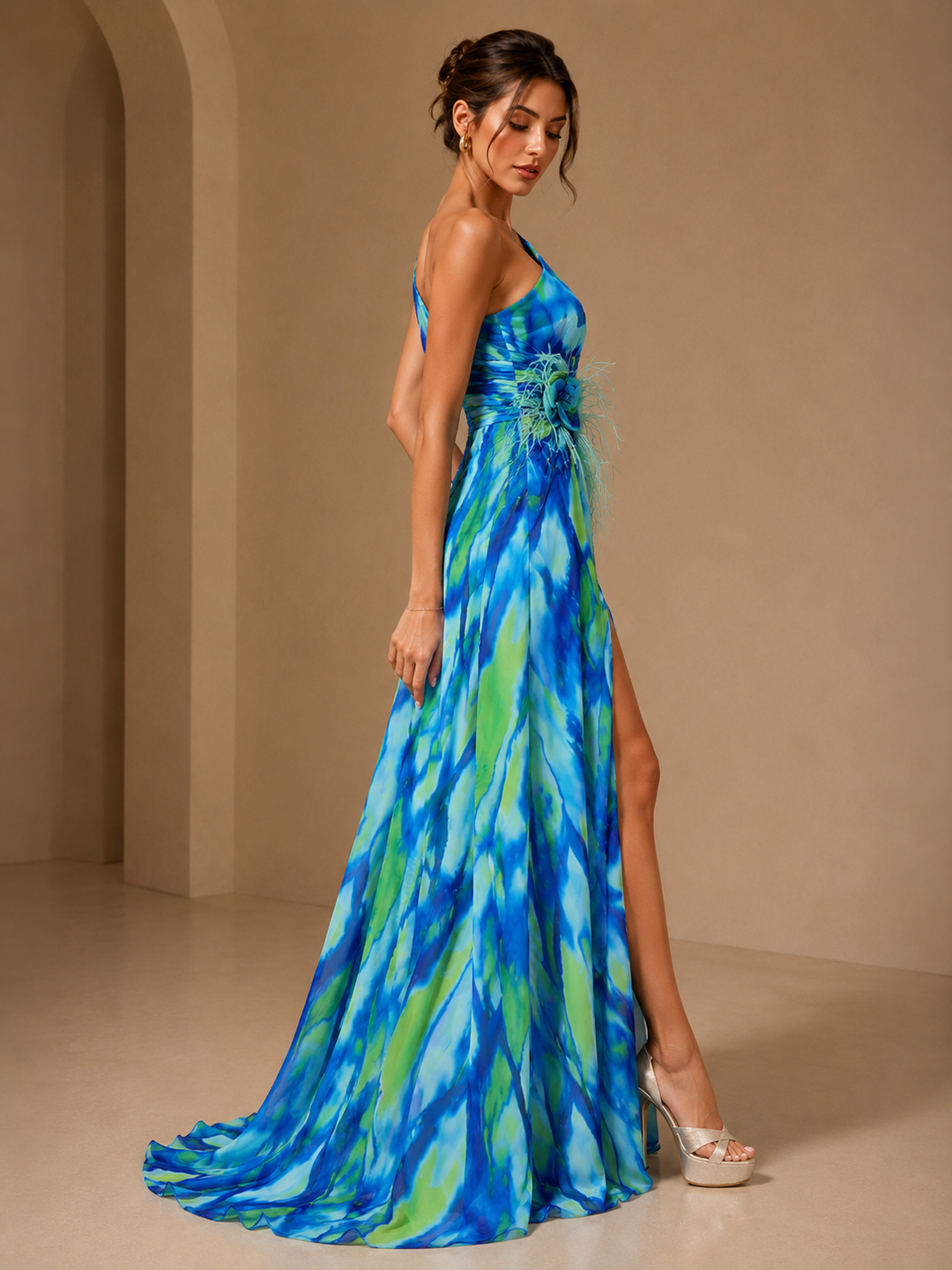 Mitchell | Women’s Abstract Print One-Shoulder Maxi Wedding Guest Dress
