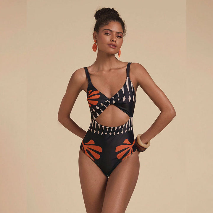 Printed One Piece Swimsuit with Sheer Cover Up Pants Set