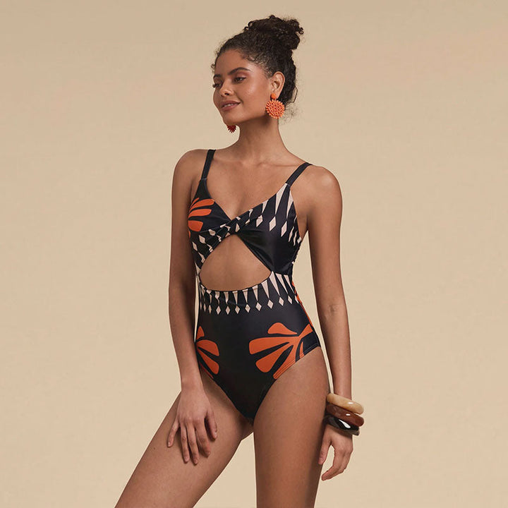Printed One Piece Swimsuit with Sheer Cover Up Pants Set