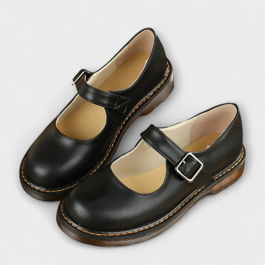 Maya Black Flats | Adjustable Buckle, Comfortable Synthetic Leather