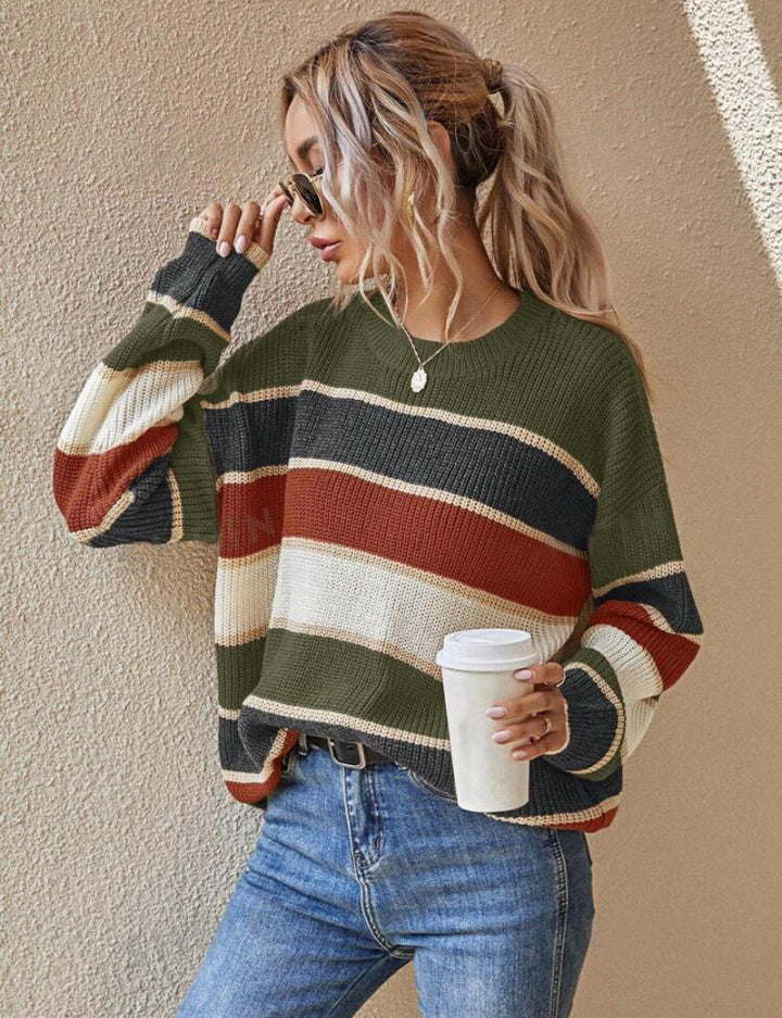 SOMIN - Comfy Striped Long Sleeve Round Neck Sweater