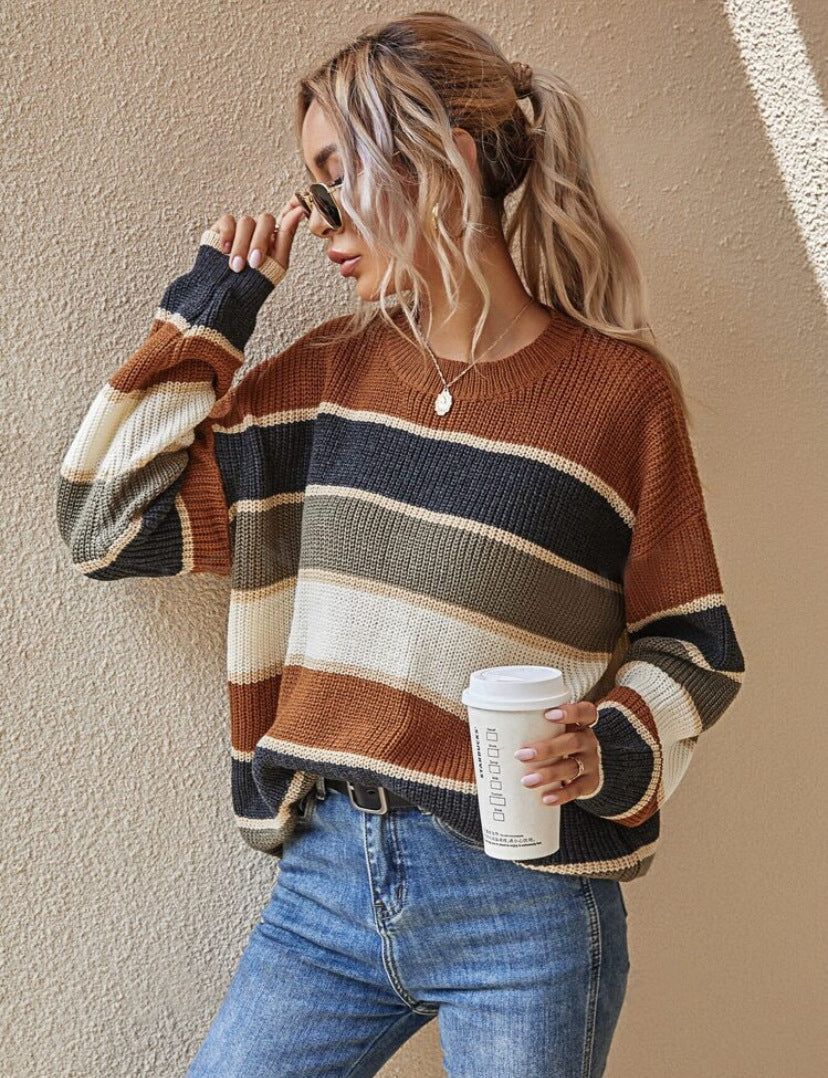 SOMIN - Comfy Striped Long Sleeve Round Neck Sweater