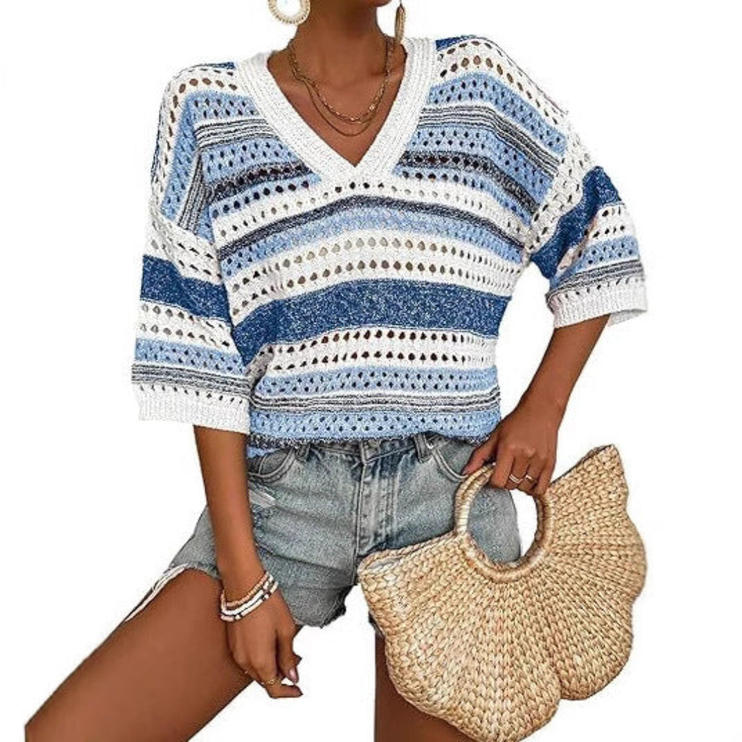 KELISE - Casual Striped Crochet V-Neck Summer Top