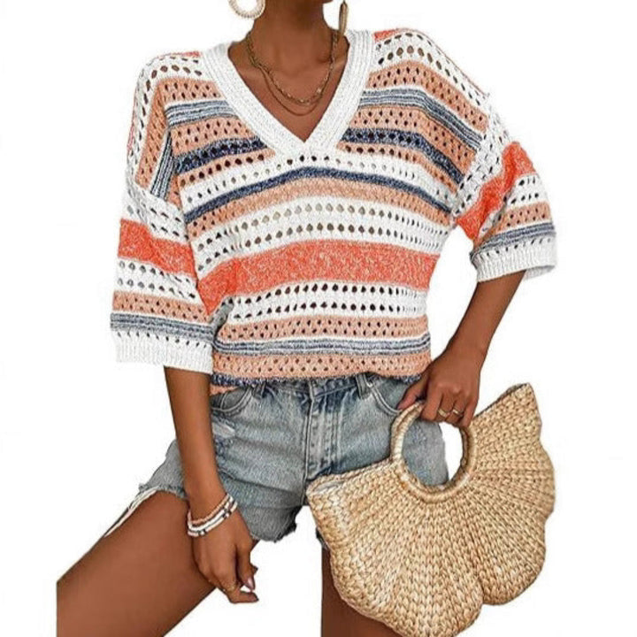KELISE - Casual Striped Crochet V-Neck Summer Top