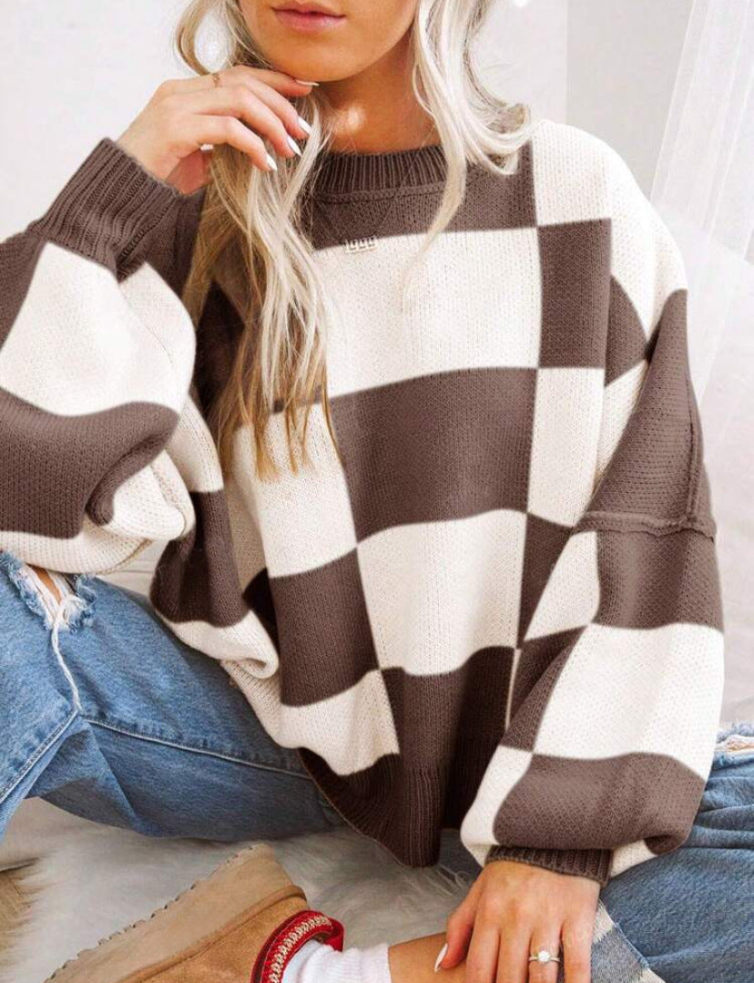 REVERIE - Casual Plaid Long Sleeve Round Neck Sweater