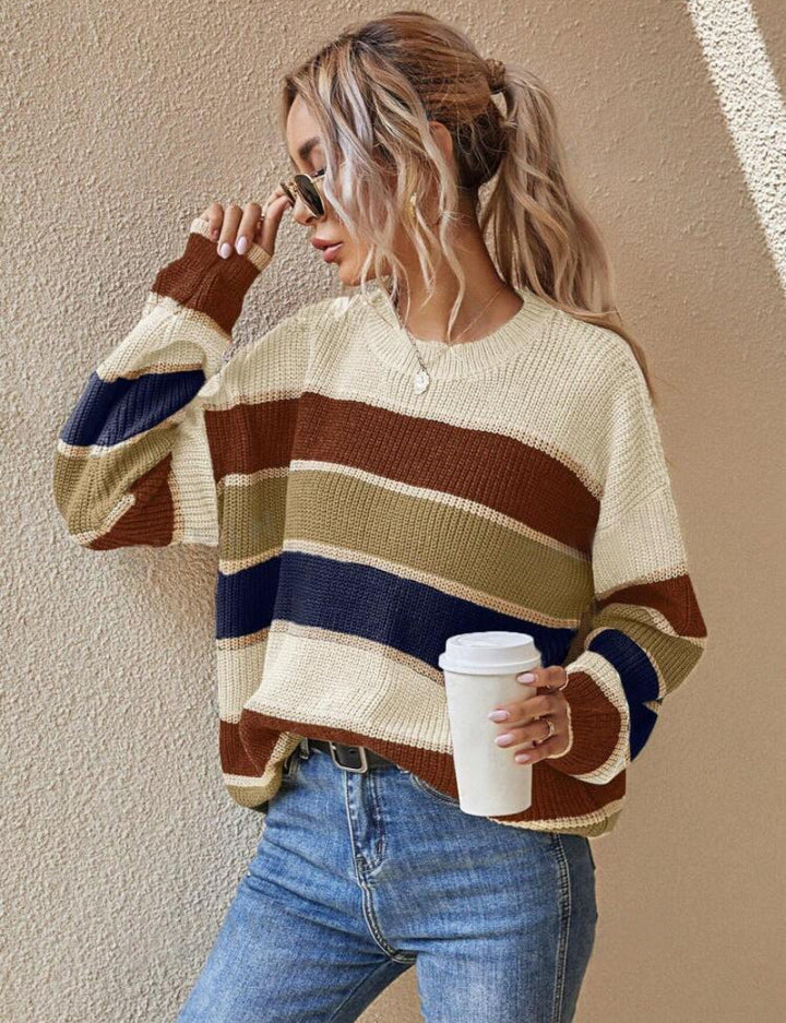 SOMIN - Comfy Striped Long Sleeve Round Neck Sweater