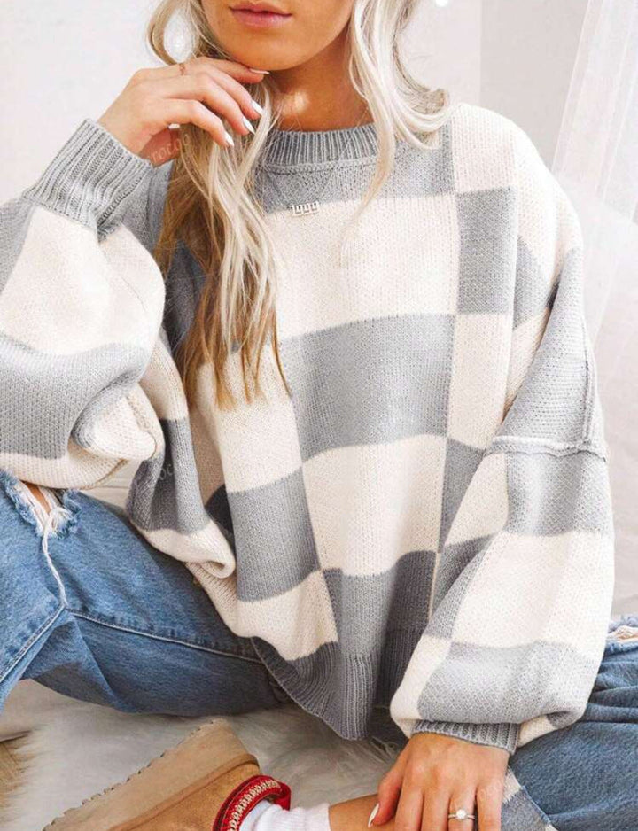 REVERIE - Casual Plaid Long Sleeve Round Neck Sweater