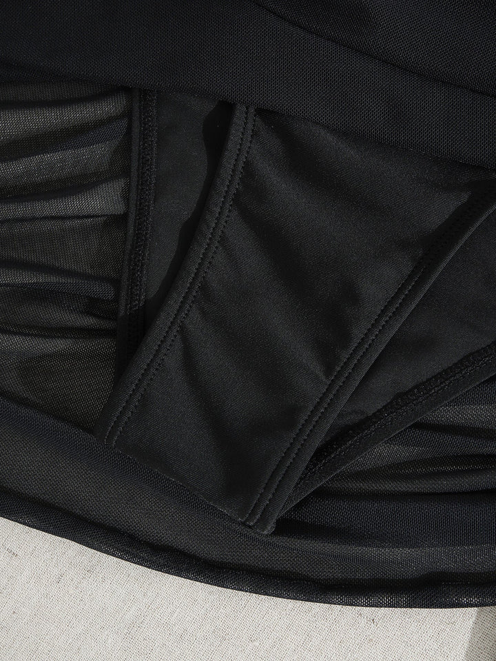 One-Shoulder Mesh Cutout Ruched Swim Dress