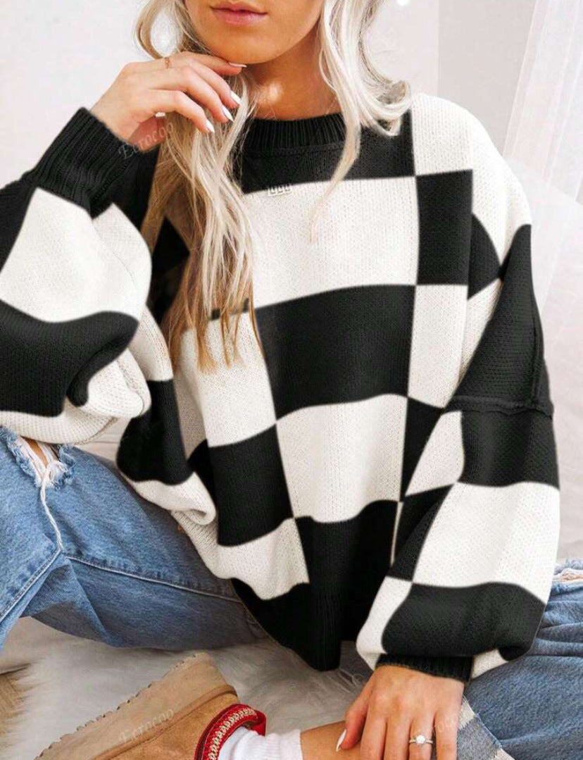REVERIE - Casual Plaid Long Sleeve Round Neck Sweater