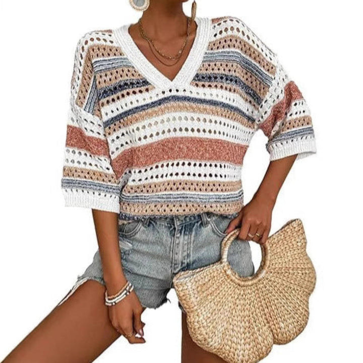KELISE - Casual Striped Crochet V-Neck Summer Top