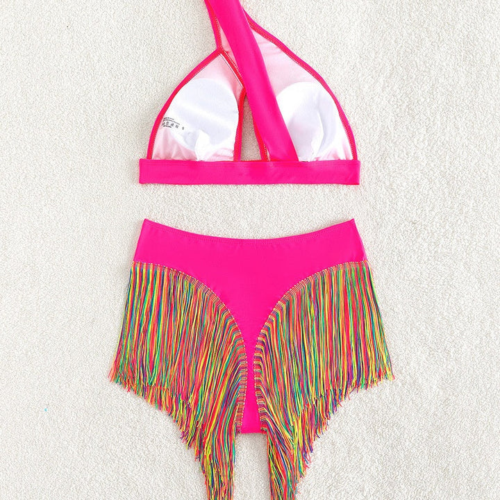 Rainbow Fringe One-Shoulder High-Waist Bikini
