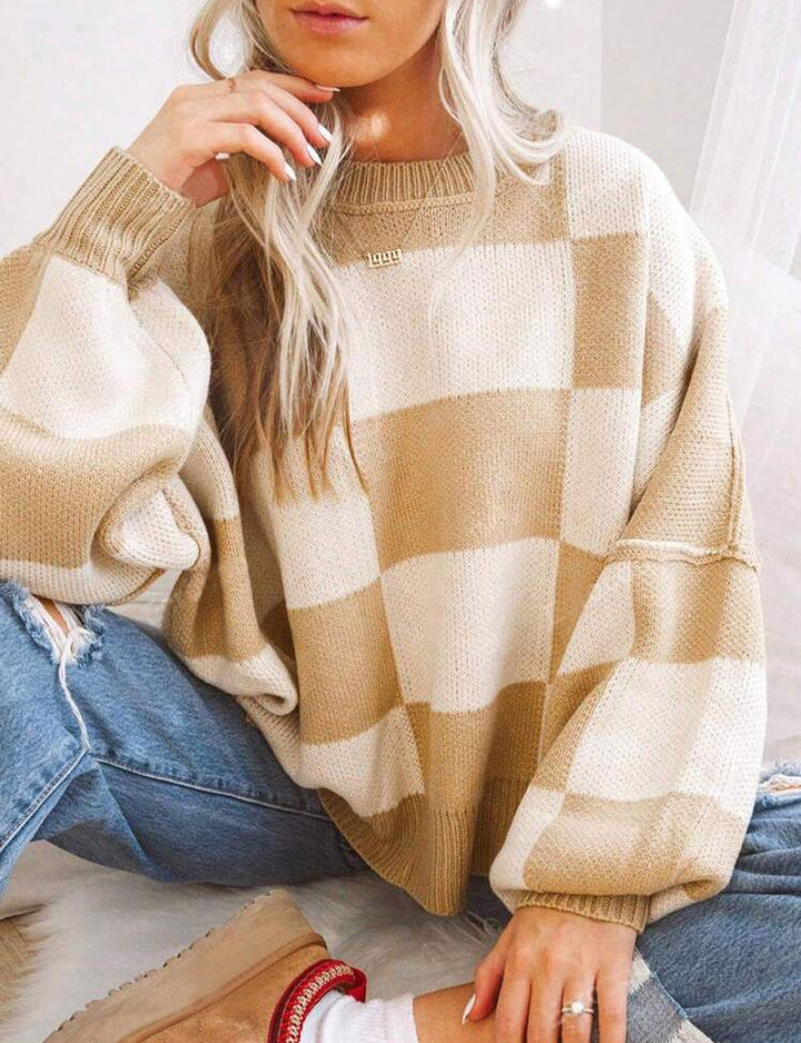 REVERIE - Casual Plaid Long Sleeve Round Neck Sweater