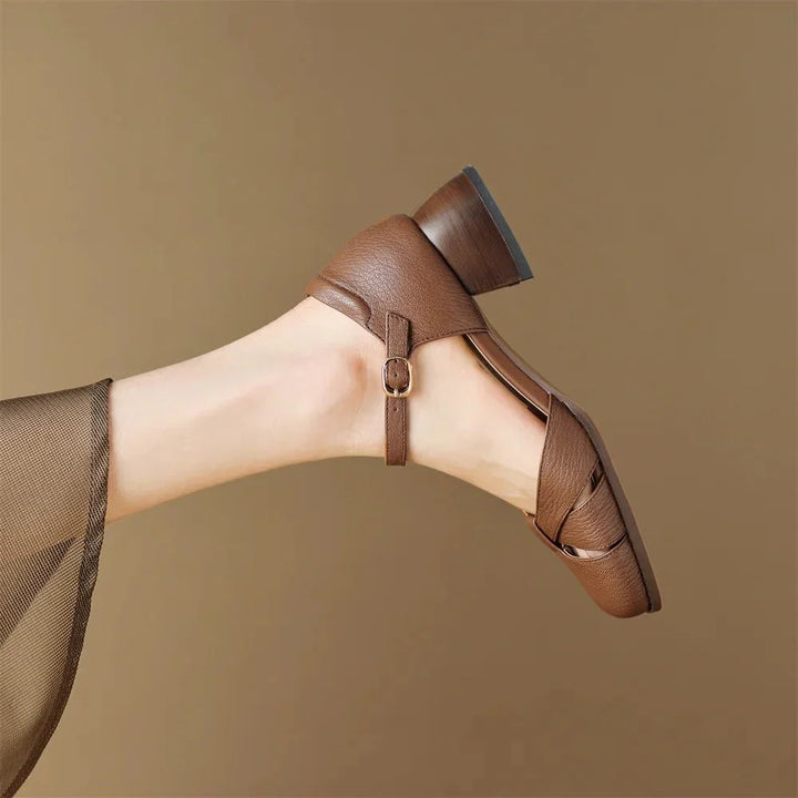 Felice | Leather Braided Ankle Strap Mid Heel Pumps