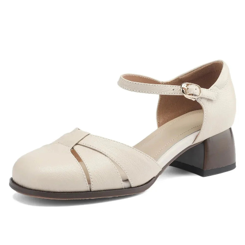 Felice | Leather Braided Ankle Strap Mid Heel Pumps