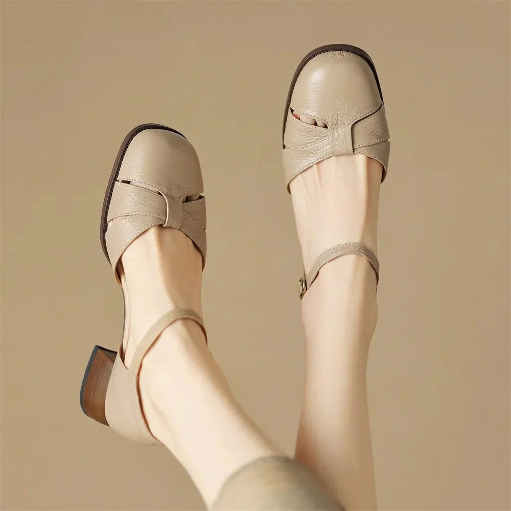 Felice | Leather Braided Ankle Strap Mid Heel Pumps