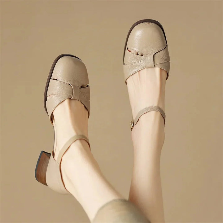 Felice | Leather Braided Ankle Strap Mid Heel Pumps