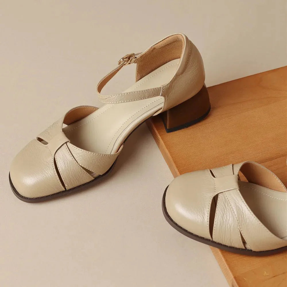Felice | Leather Braided Ankle Strap Mid Heel Pumps