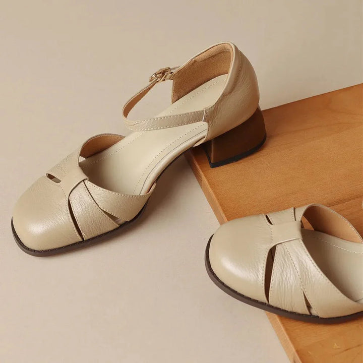 Felice | Leather Braided Ankle Strap Mid Heel Pumps