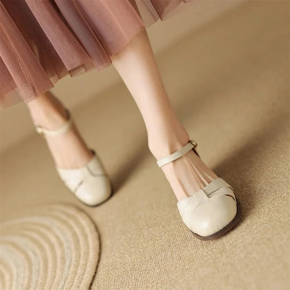 Felice | Leather Braided Ankle Strap Mid Heel Pumps